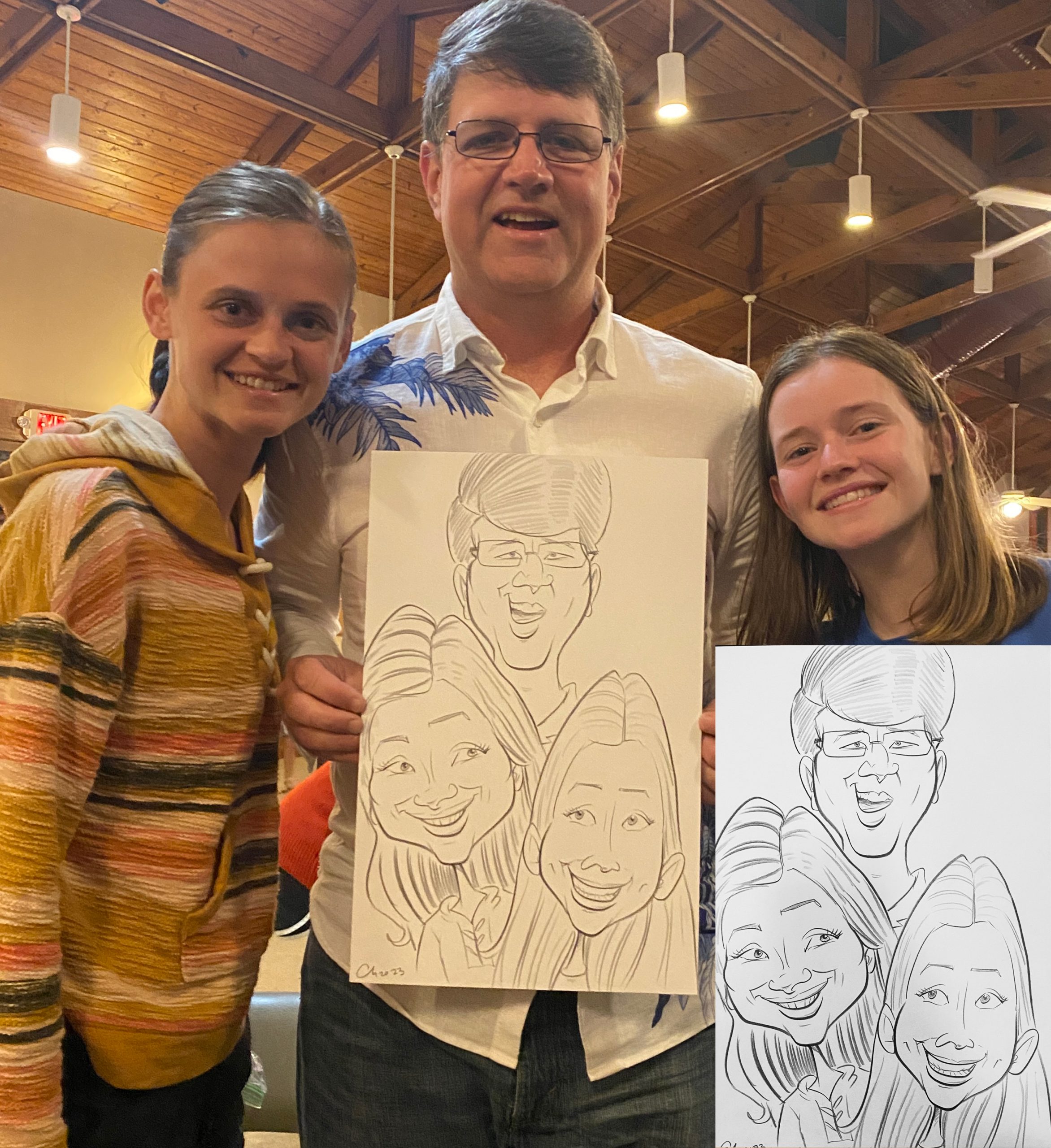 Caricature of a Father and his two daugters.