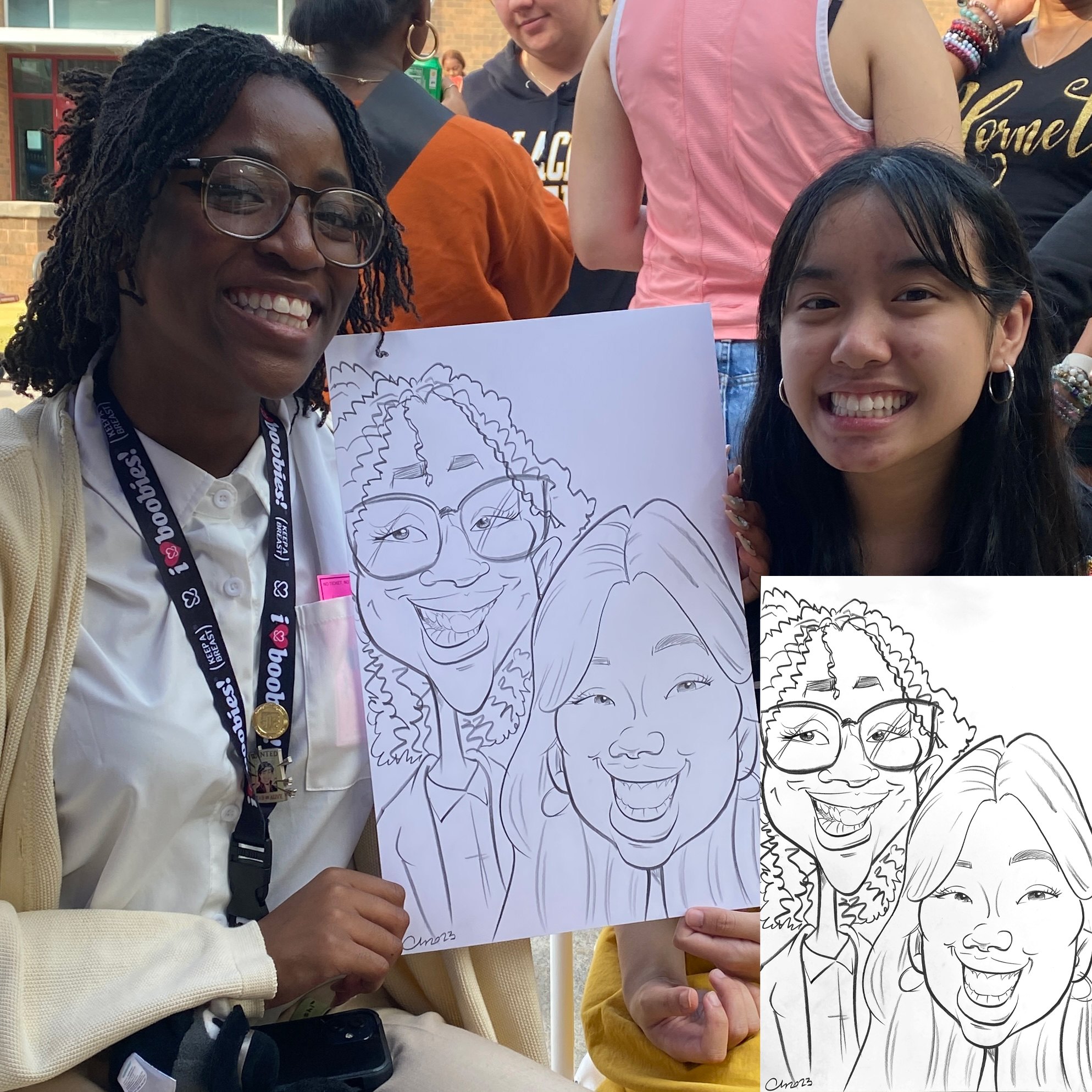 Caricature of two young ladies at Hillgrove High School Senior Carnival